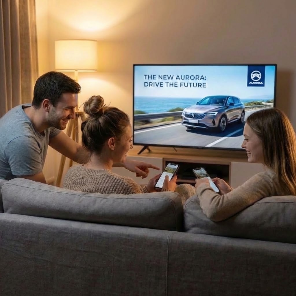 A household watching a car ad on connected TV while two viewers see the same ad on their phones, unified by StreamConvert